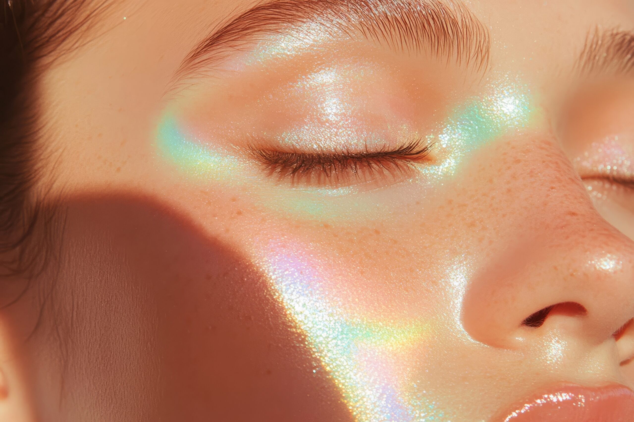 Iridescent glowy makeup trend featuring radiant skin aesthetic for modern beauty Iridescent glowy makeup trend featuring radiant skin aesthetic for modern beauty.